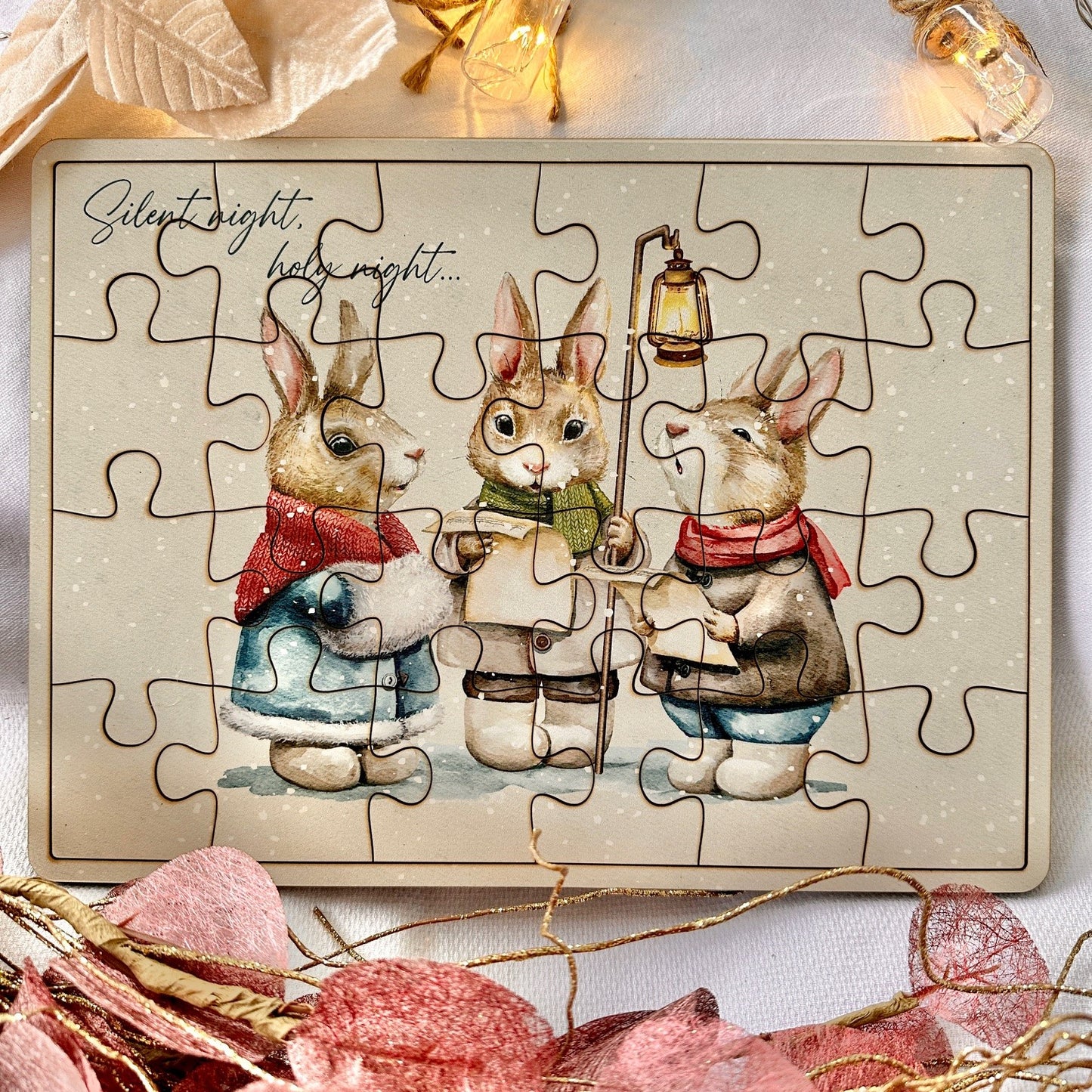 Christmas Festive Silent Night Singing Rabbits Bunnies Vintage Jigsaw Puzzle