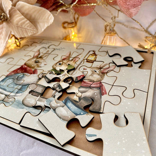Christmas Festive Silent Night Singing Rabbits Bunnies Vintage Jigsaw Puzzle