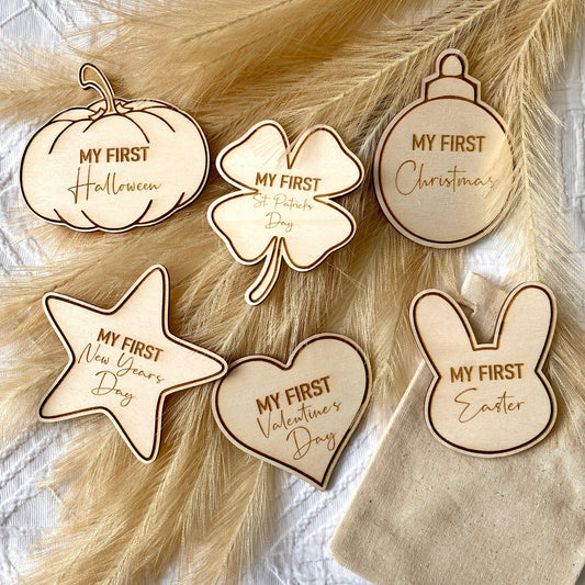 Wooden Seasonal Tags First Year Baby Christmas Easter Halloween New Years Day Valentines Day St Patricks Day