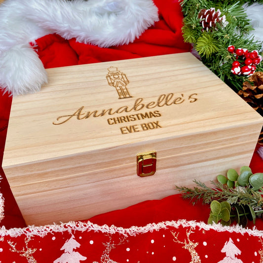 Personalised Wooden Christmas Eve Box Engraved Family Festive Nutcracker Tree Santa's Face