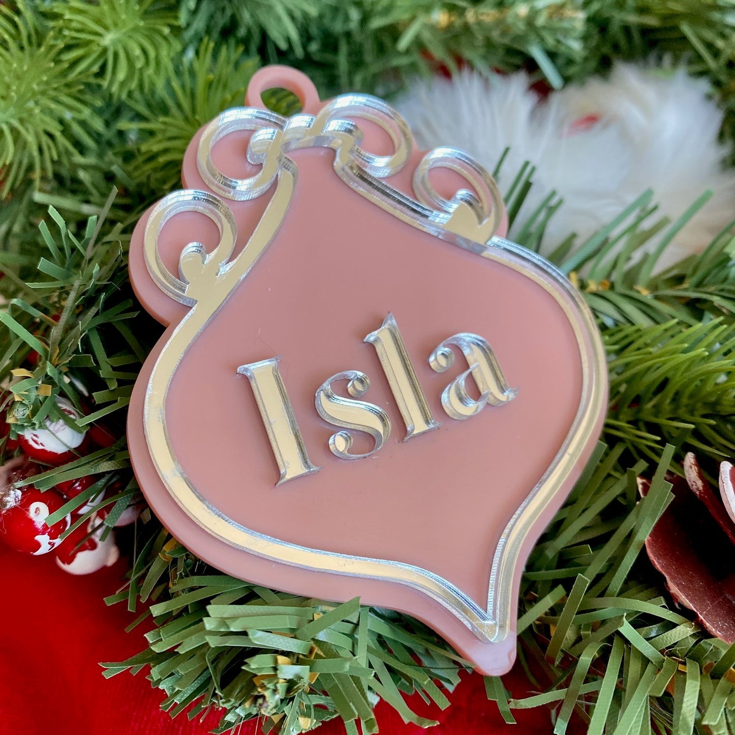 Christmas Acrylic Personalised Festive Ornament Red White Pink Blue Shiny Tree Hanging