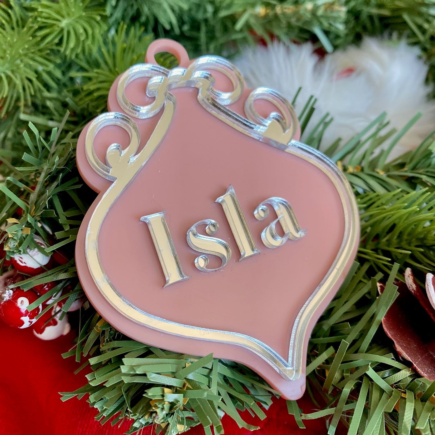 Christmas Acrylic Personalised Festive Ornament Red White Pink Blue Shiny Tree Hanging