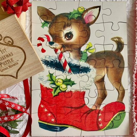 Festive Christmas Vintage Wooden Jigsaw Puzzle Reindeer