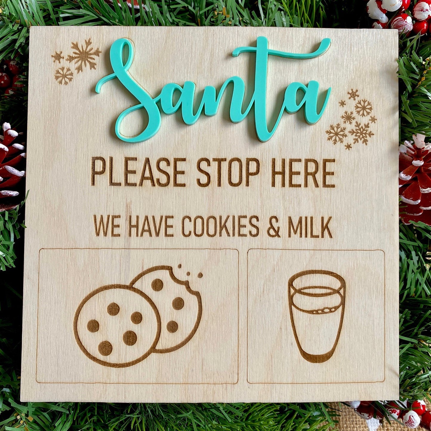 Santa Please Stop Here Cookies & Milk Wooden Blue Christmas Festive