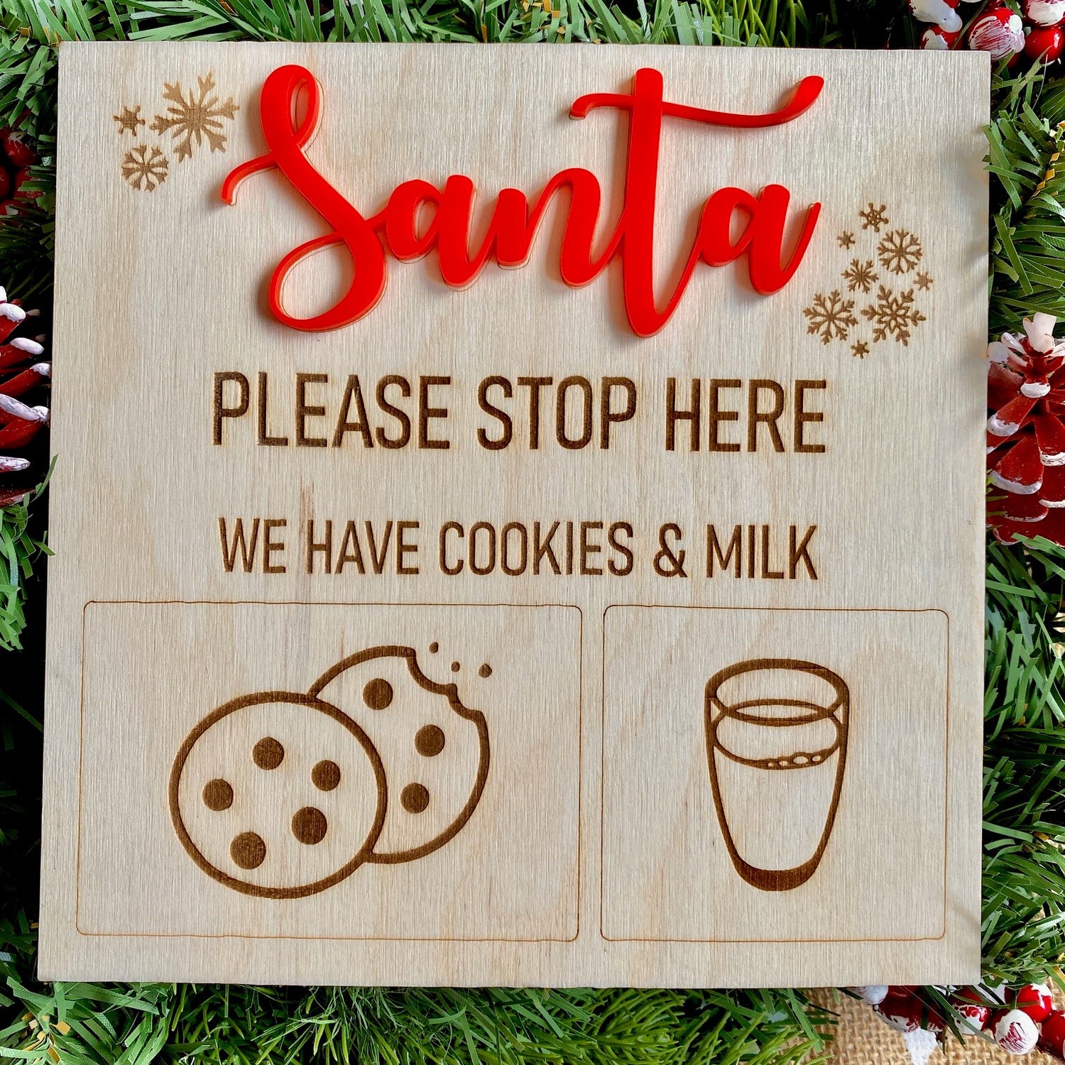 Santa Please Stop Here Cookies & Milk Wooden Red Christmas Festive