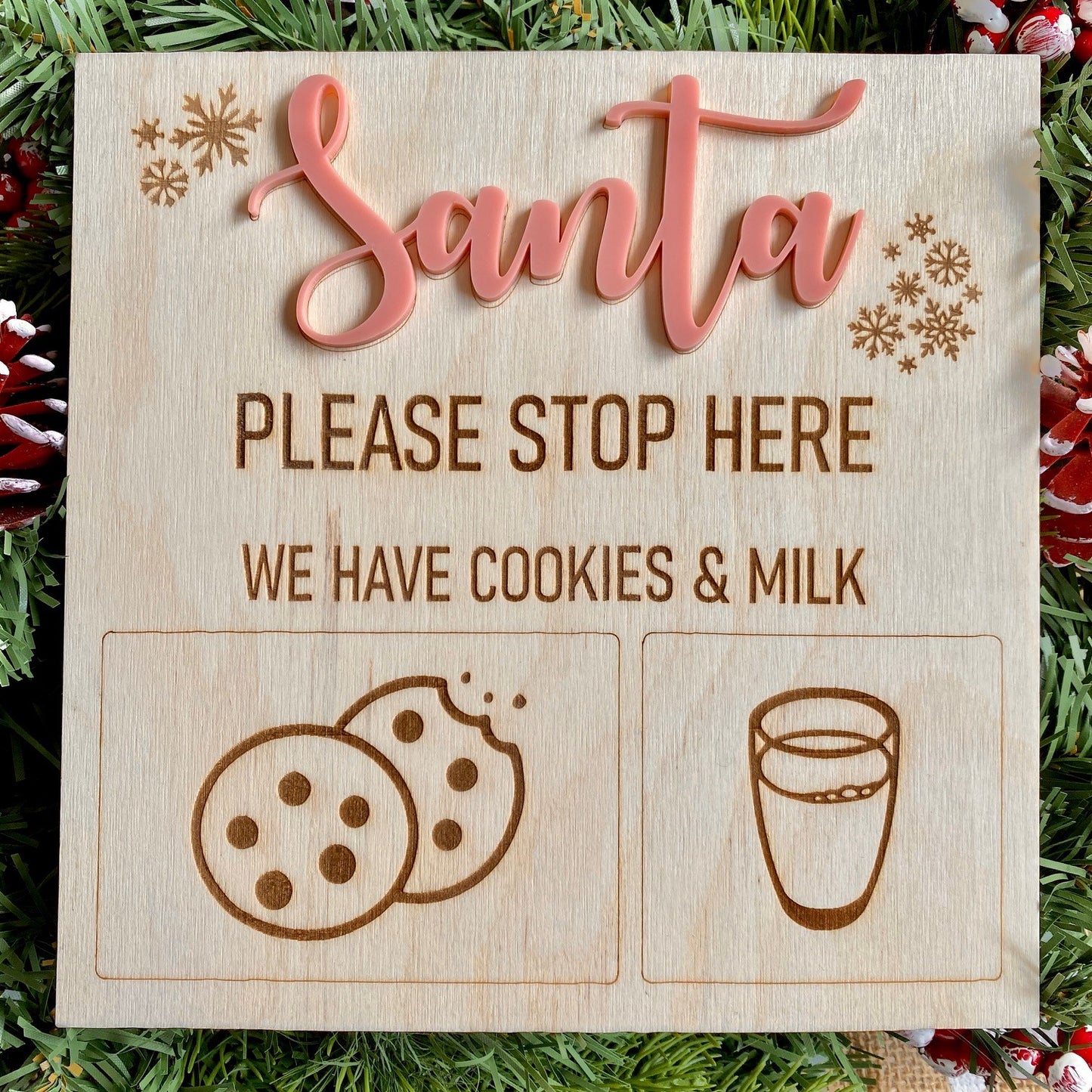Santa Please Stop Here Cookies & Milk Wooden Pink Christmas Festive