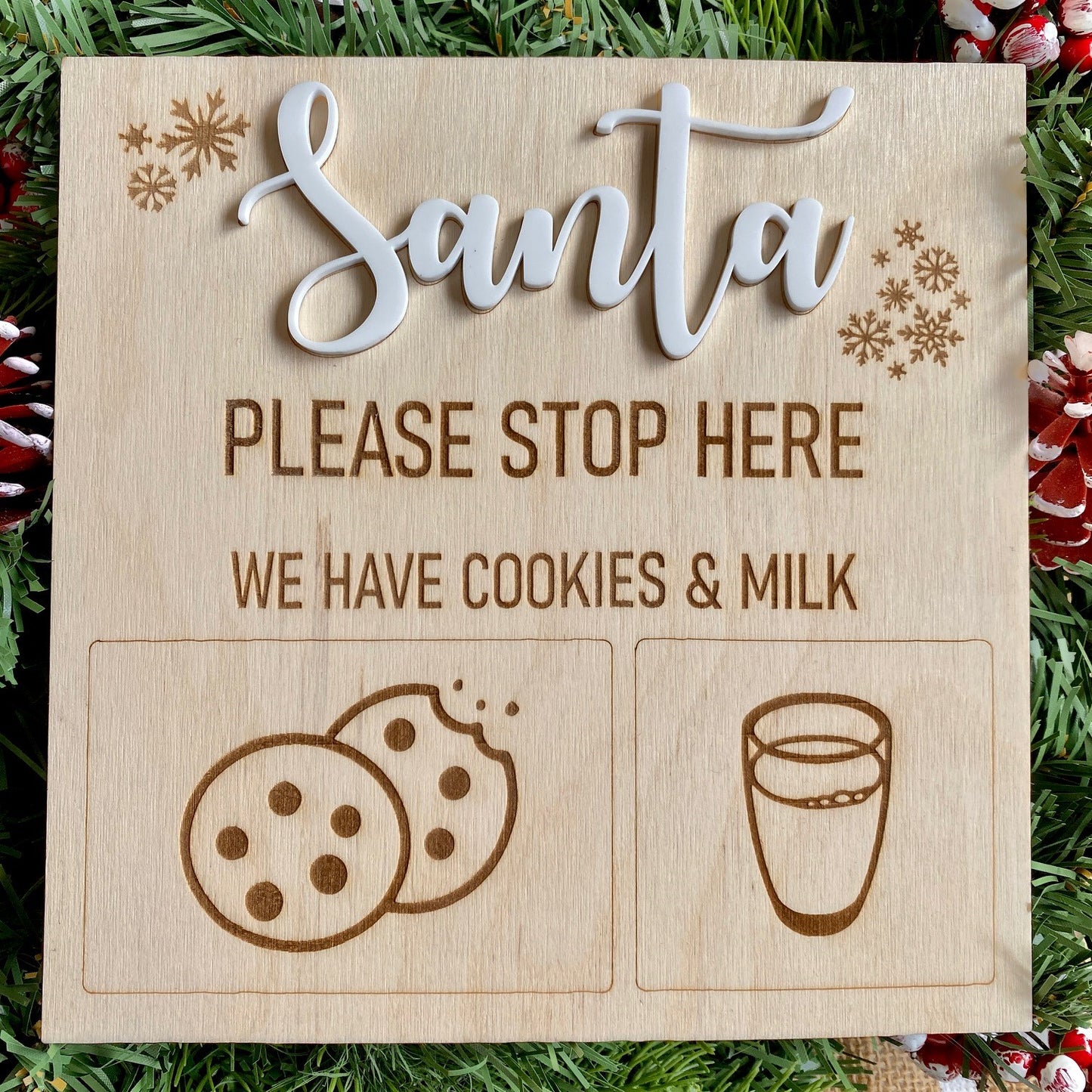 Santa Please Stop Here Cookies & Milk Wooden White Christmas Festive